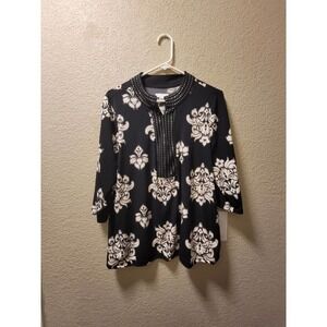 Charter Club Womens Blouse Black Floral V-Neck Long Sleeve Rhinestone Size 1X